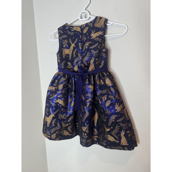 Mini Boden Dress Girls 5-6Y Blue Gold Woodland Animal Jacquard Party Holiday - Picture 4 of 6